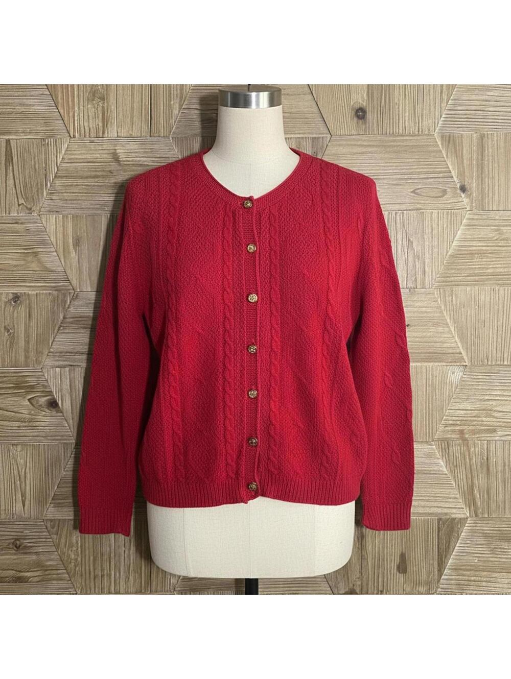 Vintage Talbots Petites Red 100% Cotton Cardigan Gold Buttons Size PL Old Money